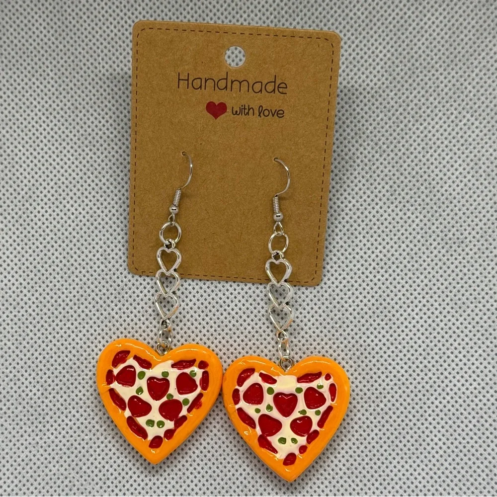 Handmade Triple Heart Dangle Heart Shaped Pizza Earrings